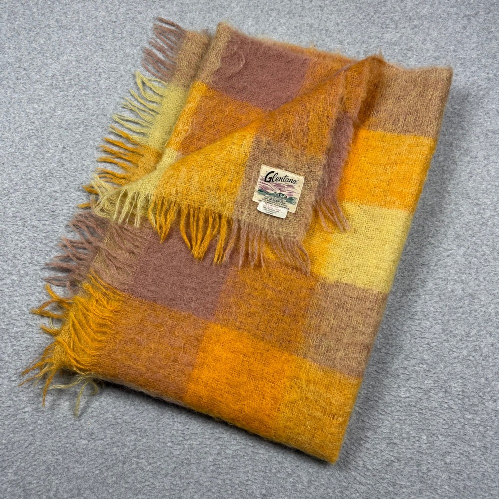 VTG Glentana Mohair Wool Plaid Throw Blanket Scotland Made 50x70 Mid Century EUC